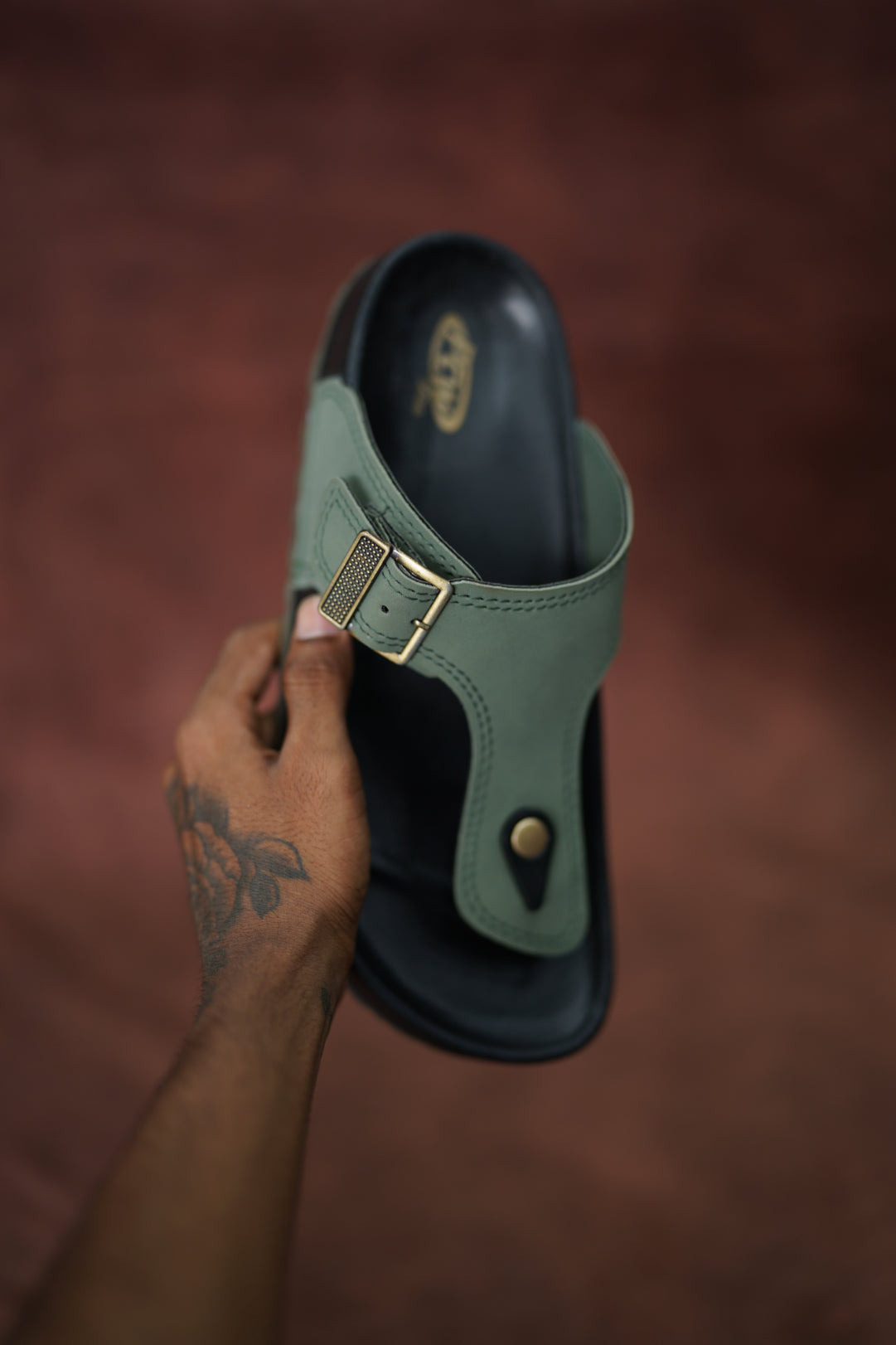 Men’s Leather Buckle Sandals with Tan Sole Stylish & Comfortable -  Black with Green