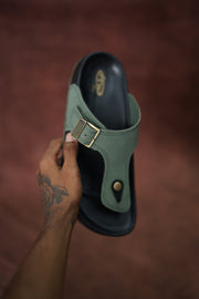 Men’s Leather Buckle Sandals with Tan Sole Stylish & Comfortable - Black with Green-7 Man