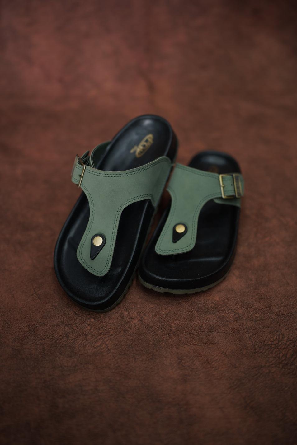 Men’s Leather Buckle Sandals with Tan Sole Stylish & Comfortable -  Black with Green
