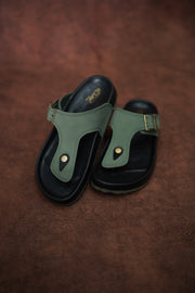 Men’s Leather Buckle Sandals with Tan Sole Stylish & Comfortable - Black with Green-7 Man