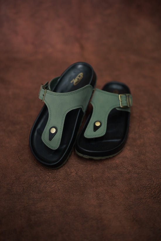 Men’s Leather Buckle Sandals with Tan Sole Stylish & Comfortable -  Black with Green