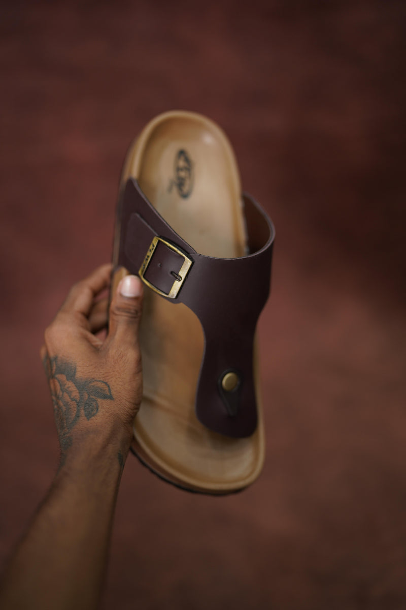 Men’s Leather Buckle Sandals with Tan Sole Stylish & Comfortable -  Dark Brown