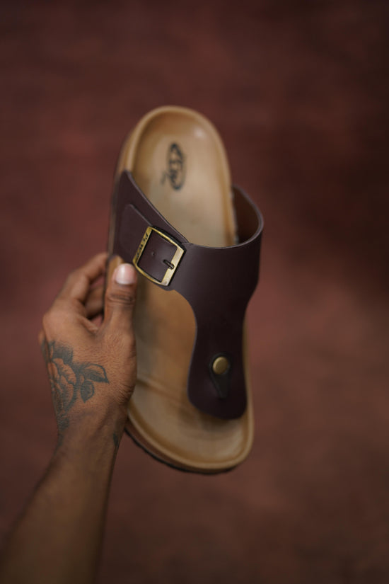 Men’s Leather Buckle Sandals with Tan Sole Stylish & Comfortable -  Dark Brown