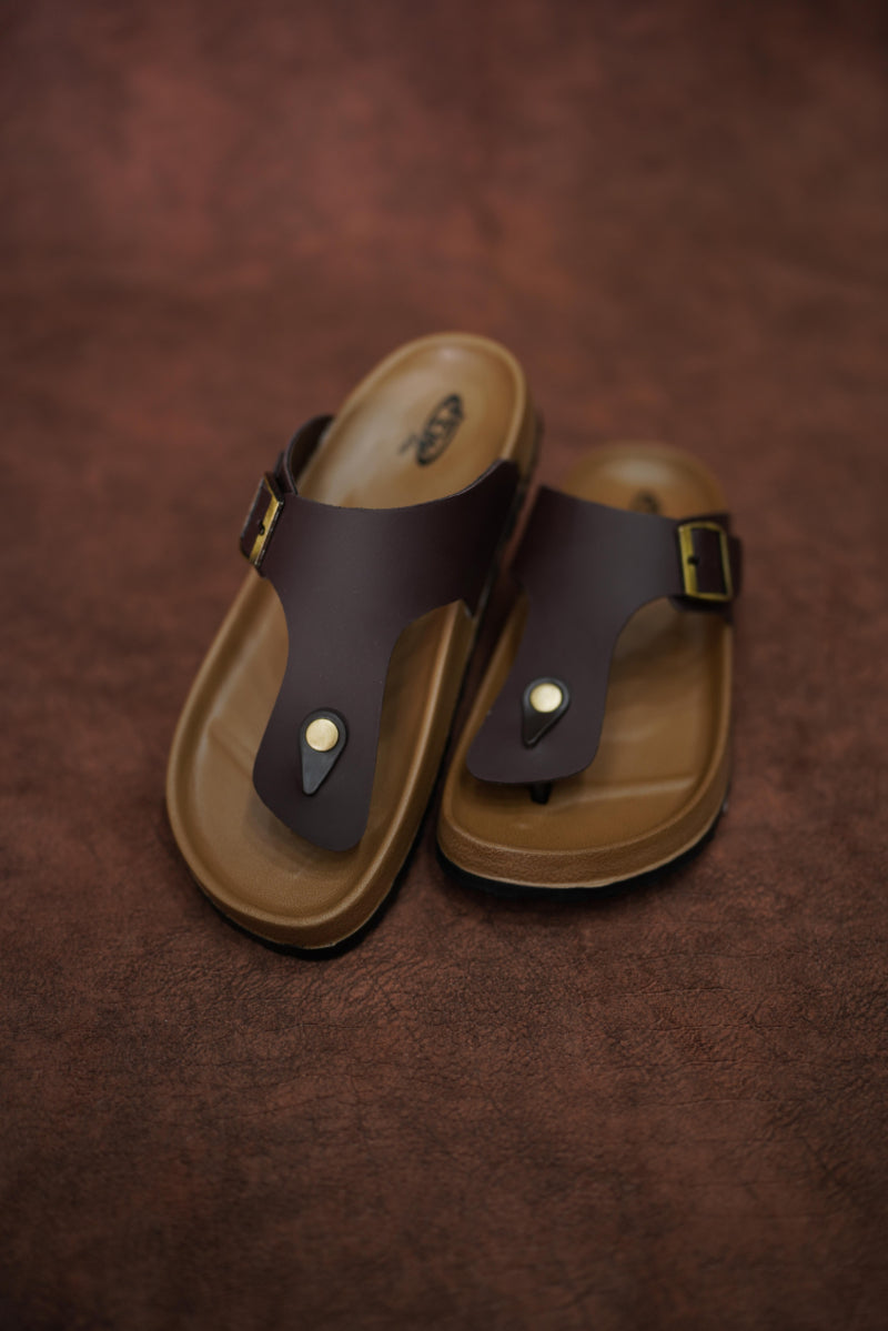 Men’s Leather Buckle Sandals with Tan Sole Stylish & Comfortable -  Dark Brown