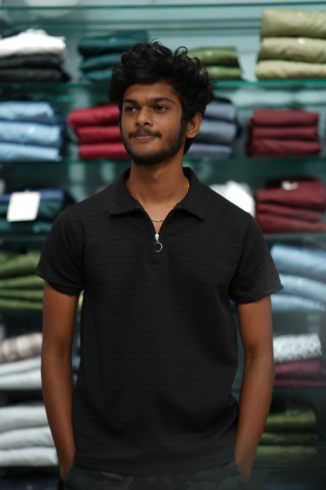 Men’s Short Sleeve Zip-Collar Korean Textured T-shirt - Black