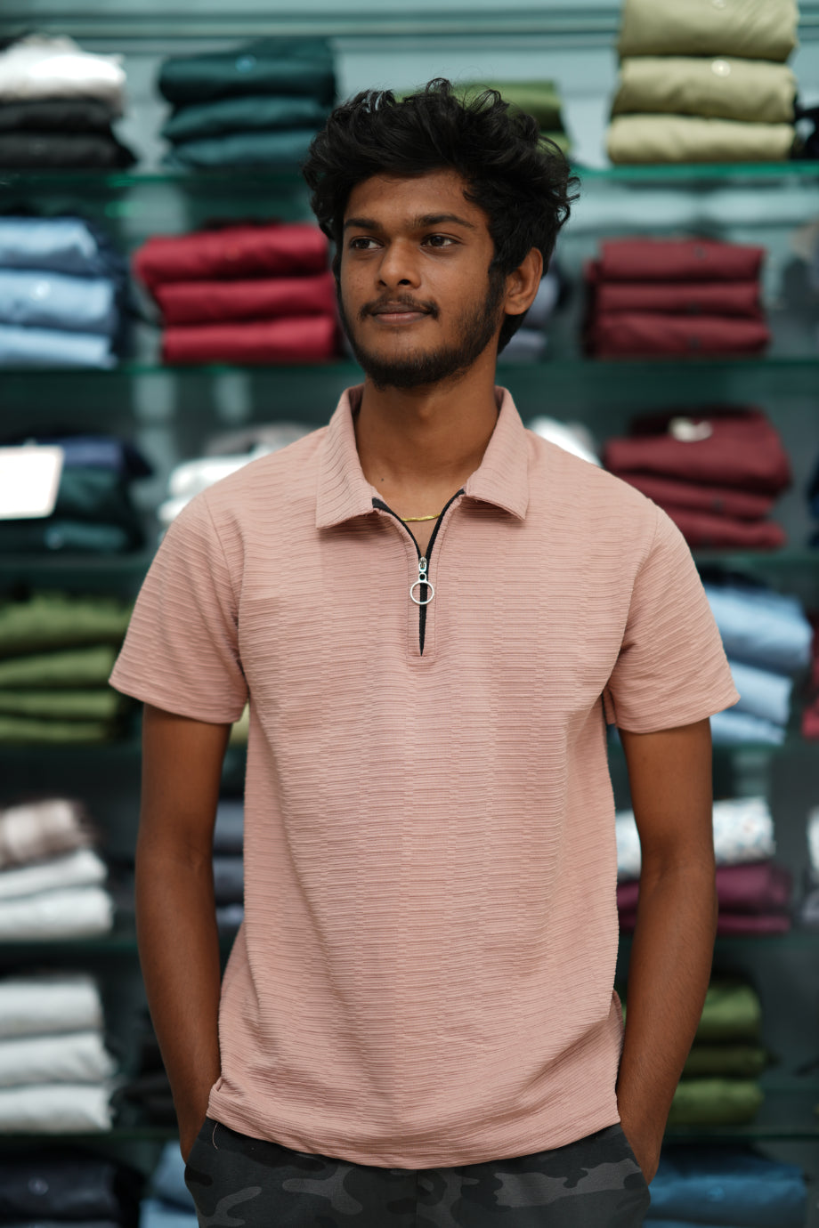 Men’s Short Sleeve Zip-Collar Korean Textured T-shirt - Peach