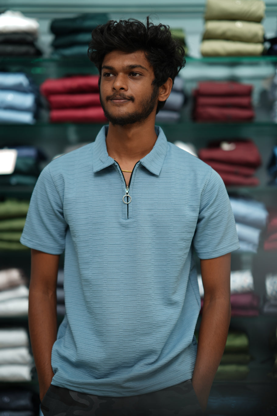 Men’s Short Sleeve Zip-Collar Korean Textured T-shirt - Sky Blue