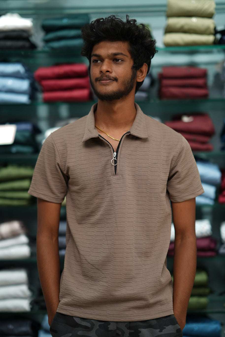 Men’s Short Sleeve Zip-Collar Korean Textured T-shirt - Brown
