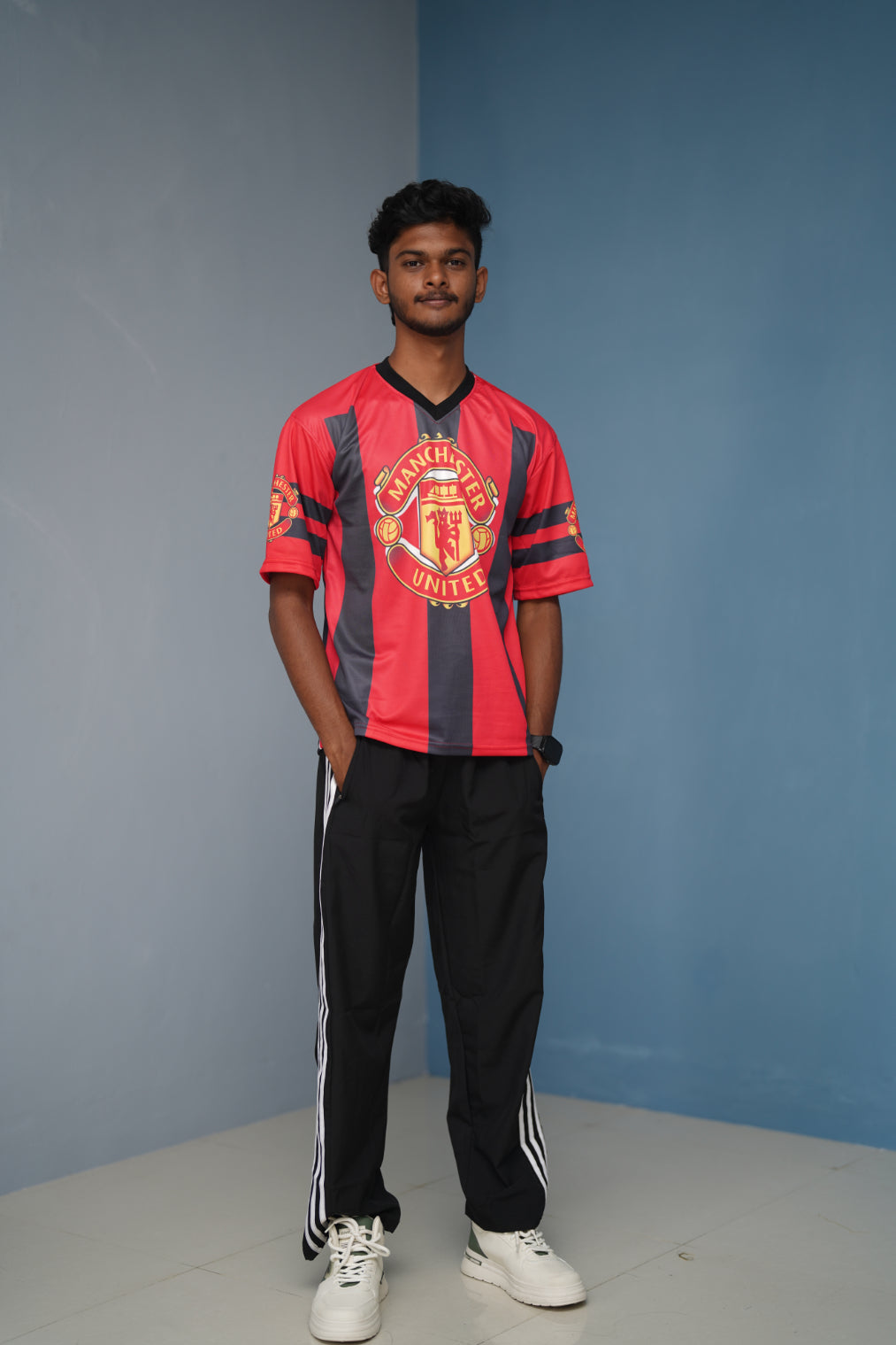 Five Sleeve V-Neck MANCHESTER Printed Tshirt for men - Red with Dark Grey-Shirt & Pant Combo-7 Man