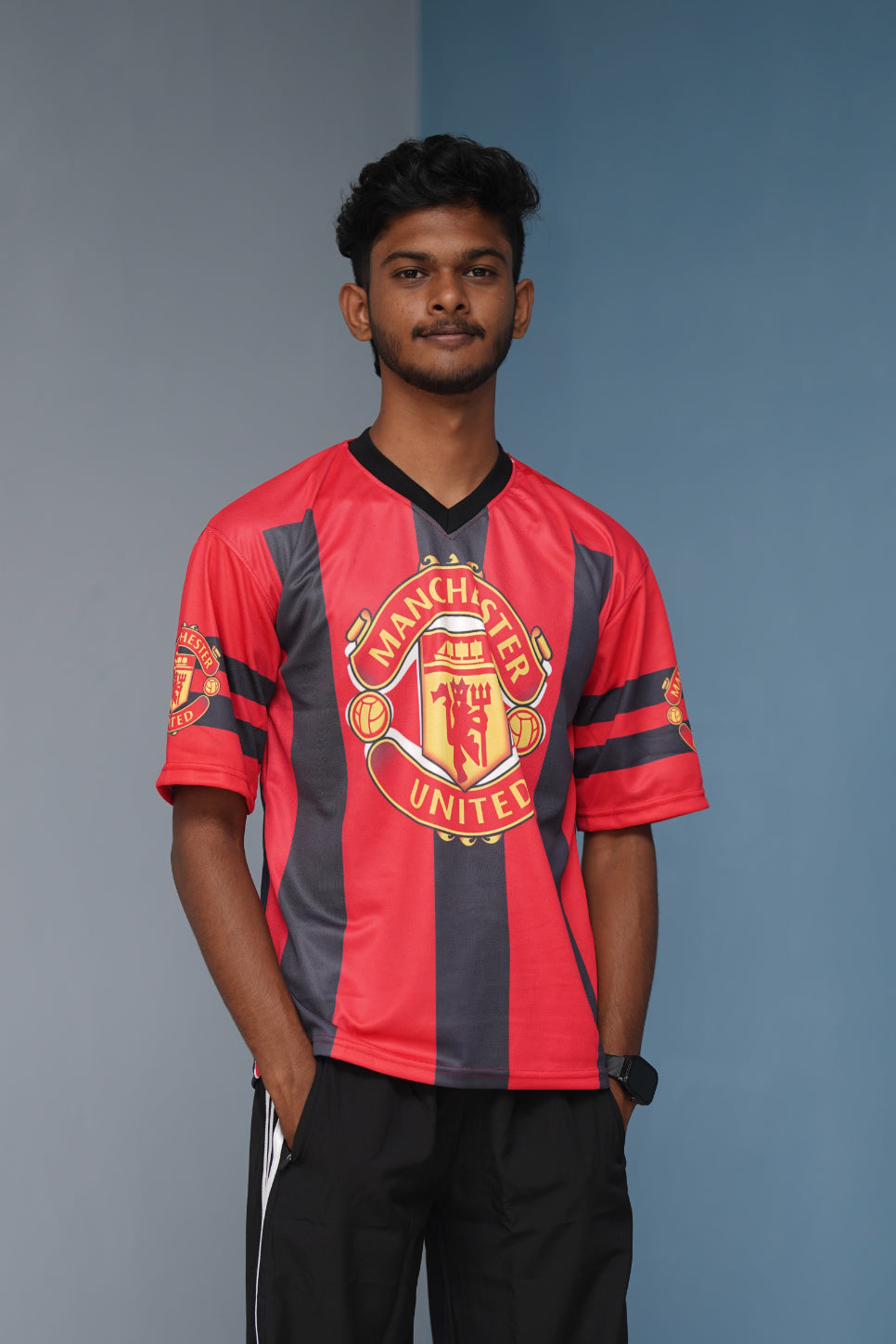 Five Sleeve V-Neck MANCHESTER Printed Tshirt for men - Red with Dark Grey-Shirt & Pant Combo-7 Man