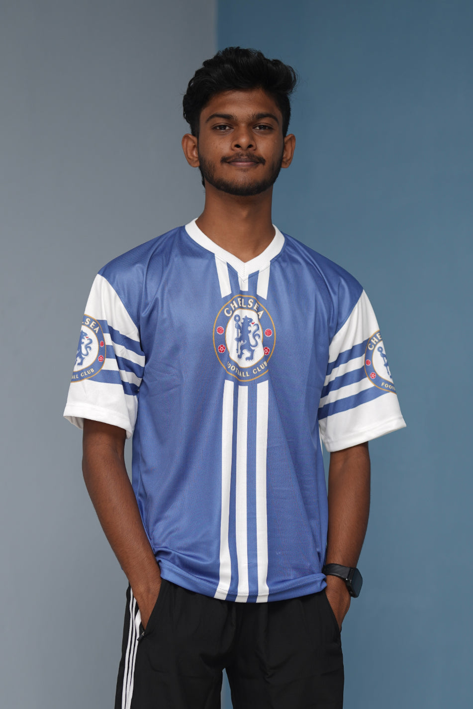 Five Sleeve Round-Neck Chelsea Printed Tshirt for men - Ink Blue With White