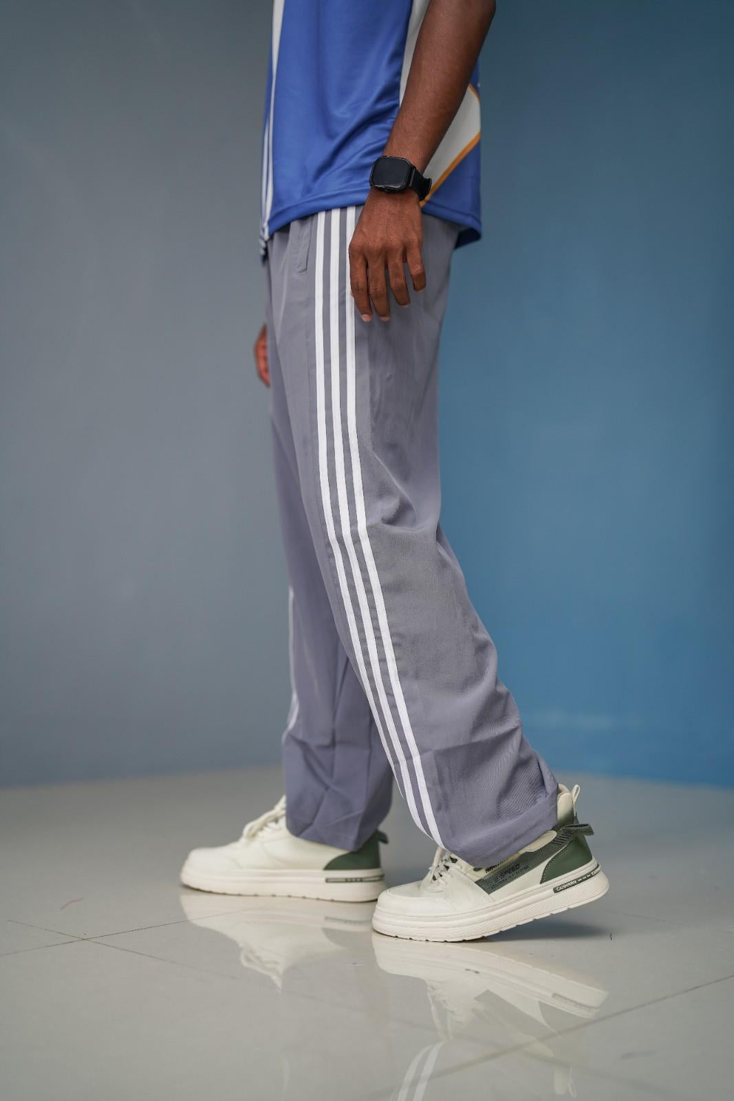 Triple-Stripe Street Baggy Track Pants for Men – Gym & Daily Wear - Ash White Stripped