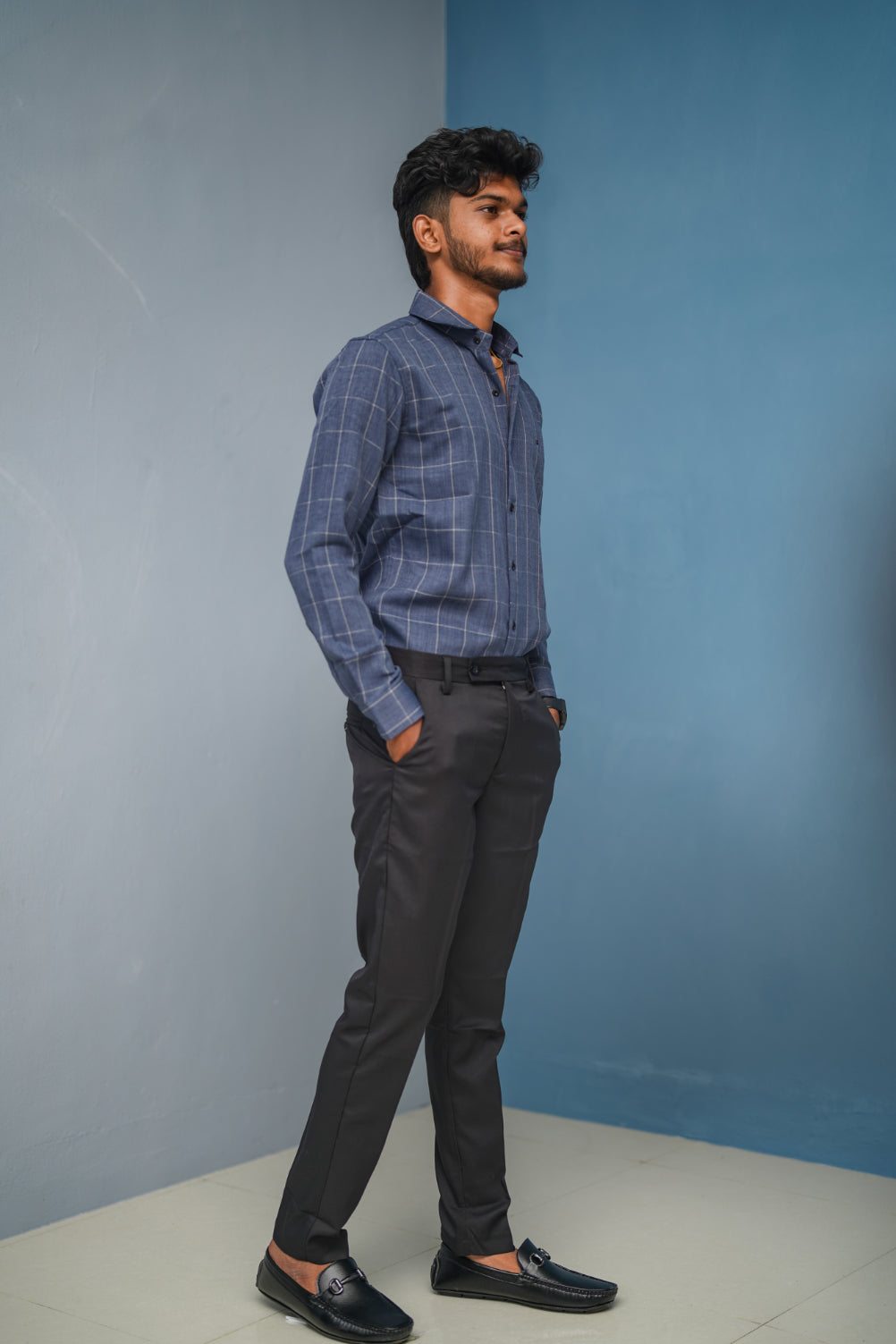 Big Box Checked Full Sleeve Shirt and Polo fit Pant Combo Offer for Men - Navy blue