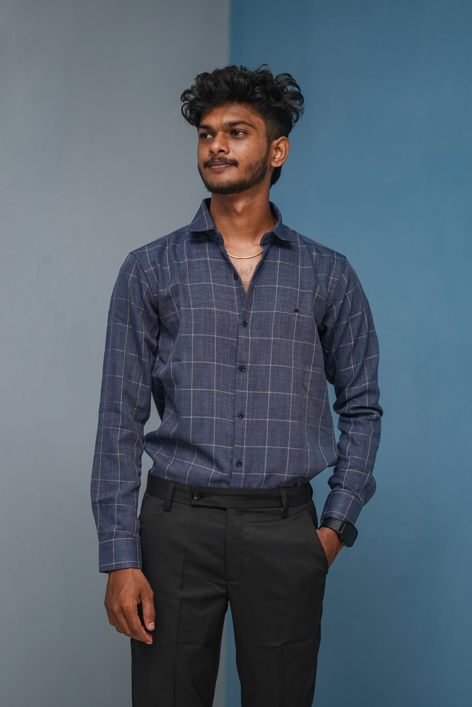 Big Box Checked Full Sleeve Shirt and Polo fit Pant Combo Offer for Men - Navy blue