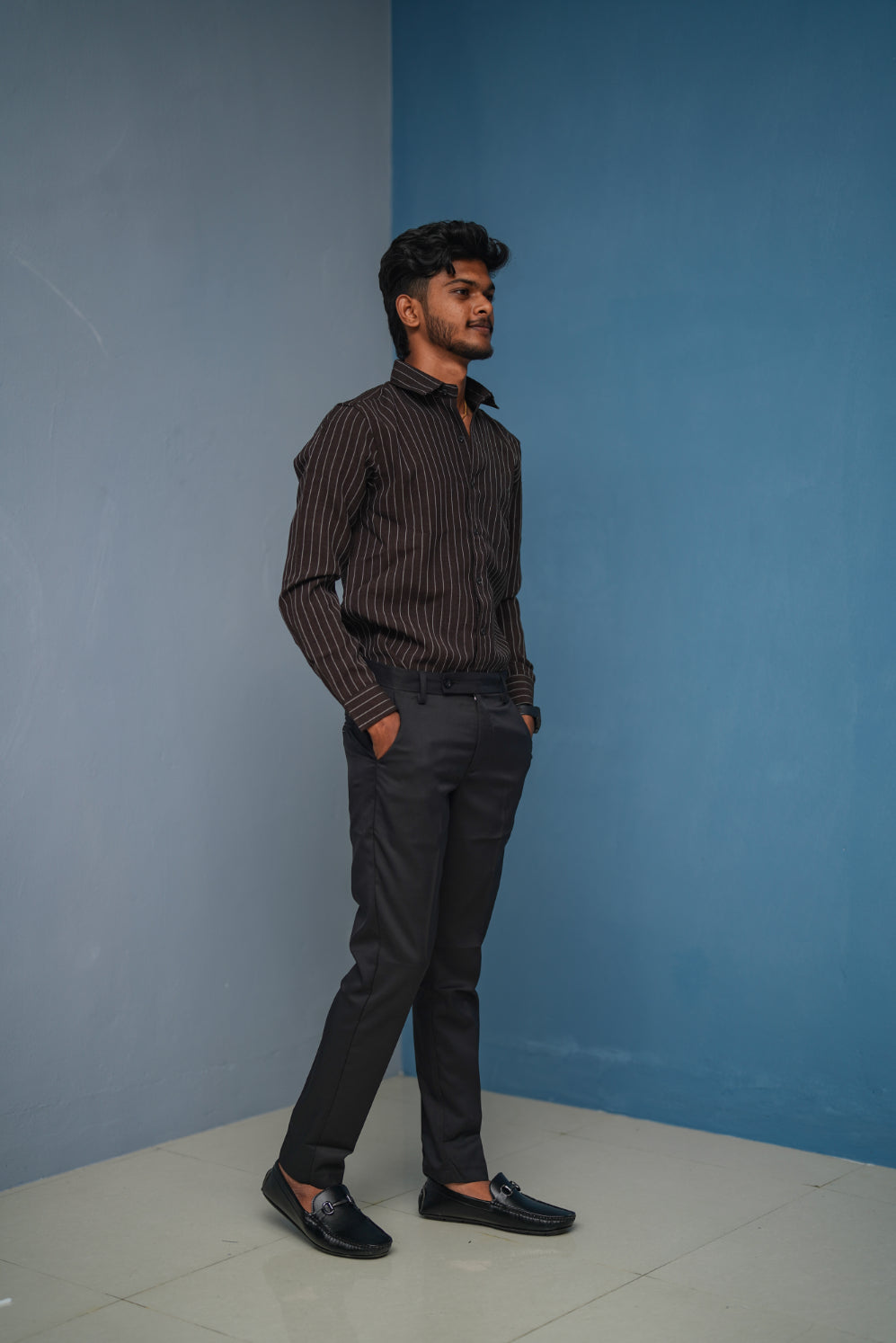 SMALL Stripes Full Sleeve Shirt and Polo fit Pant Combo Offer for Men - Chocolate Brown
