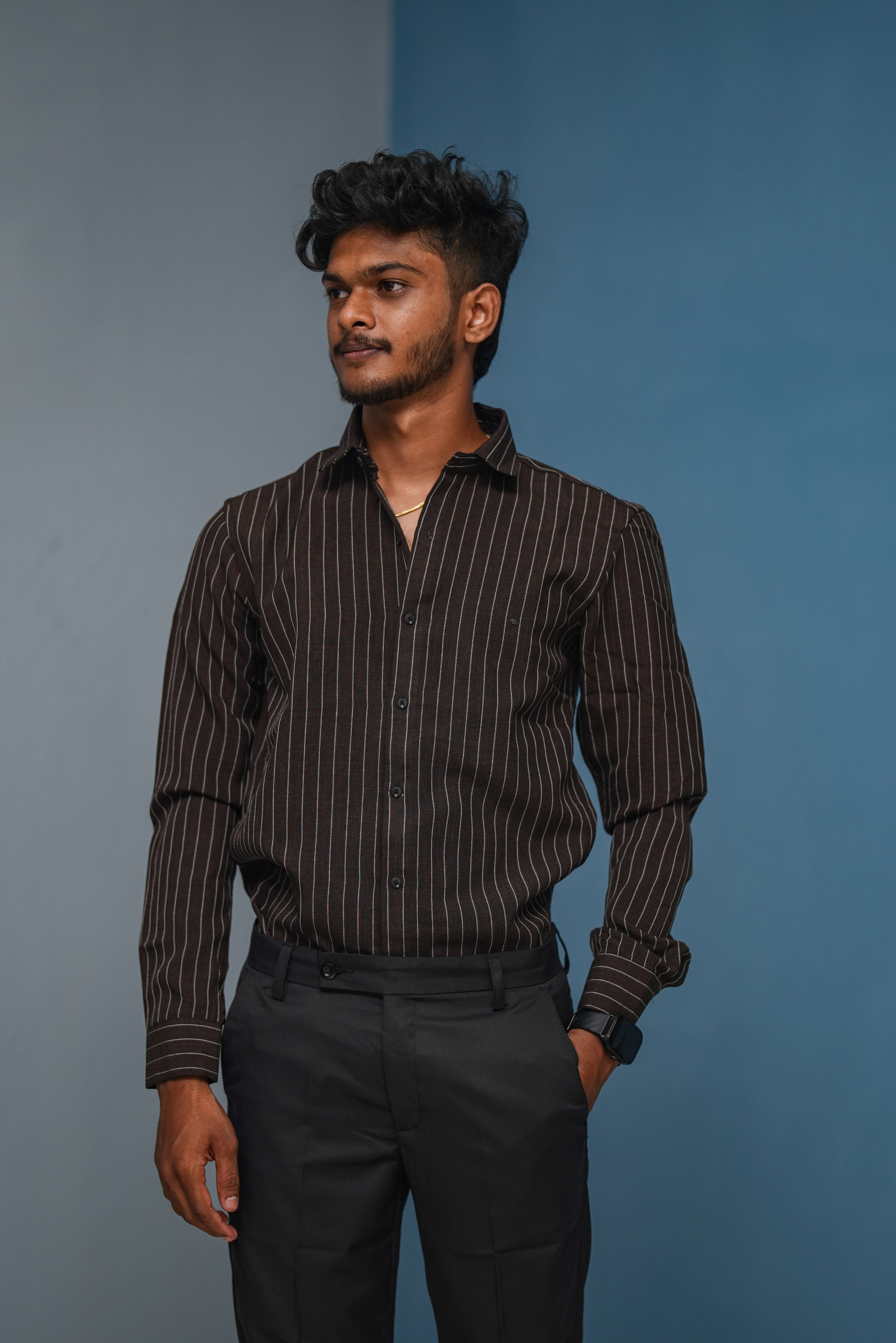 SMALL Stripes Full Sleeve Shirt and Polo fit Pant Combo Offer for Men - Chocolate Brown