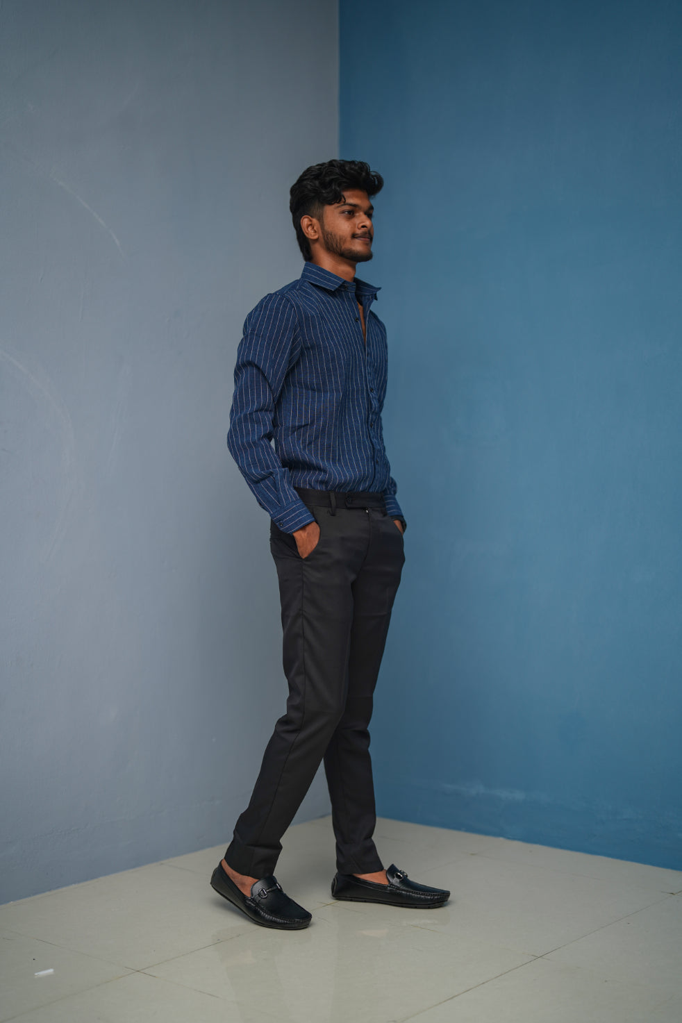 SMALL Stripes Full Sleeve Shirt and Polo fit Pant Combo Offer for Men - Dark Blue