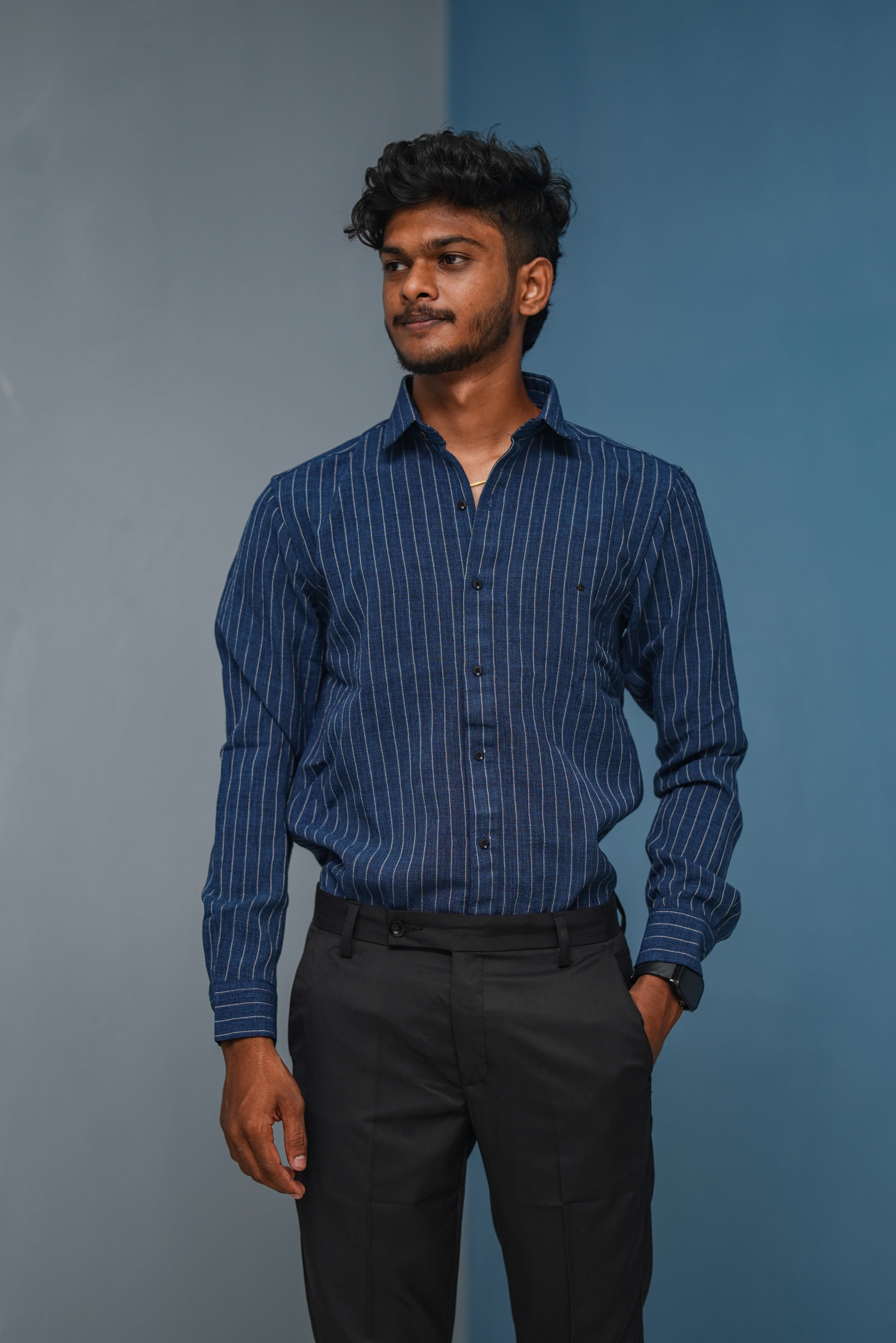 SMALL Stripes Full Sleeve Shirt and Polo fit Pant Combo Offer for Men - Dark Blue