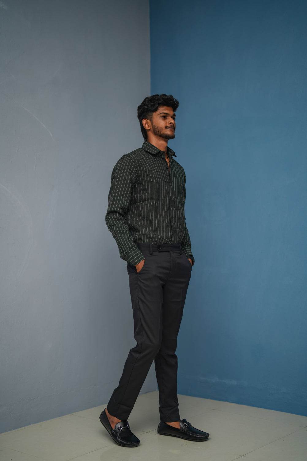 SMALL Stripes Full Sleeve Shirt and Polo fit Pant Combo Offer for Men - Bottle Green