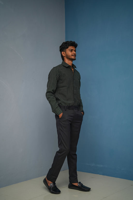 SMALL Stripes Full Sleeve Shirt and Polo fit Pant Combo Offer for Men - Bottle Green