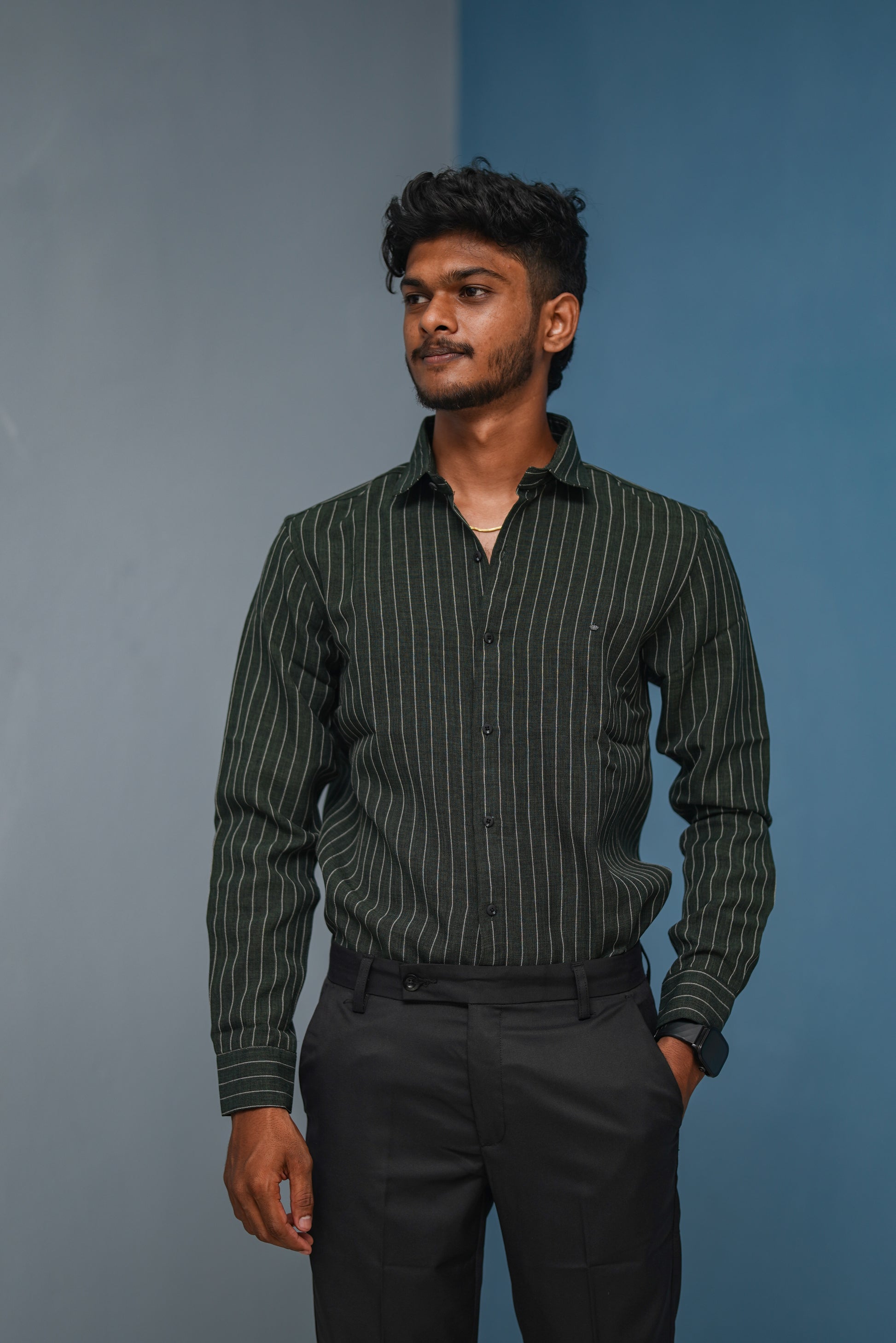 SMALL Stripes Full Sleeve Shirt and Polo fit Pant Combo Offer for Men - Bottle Green