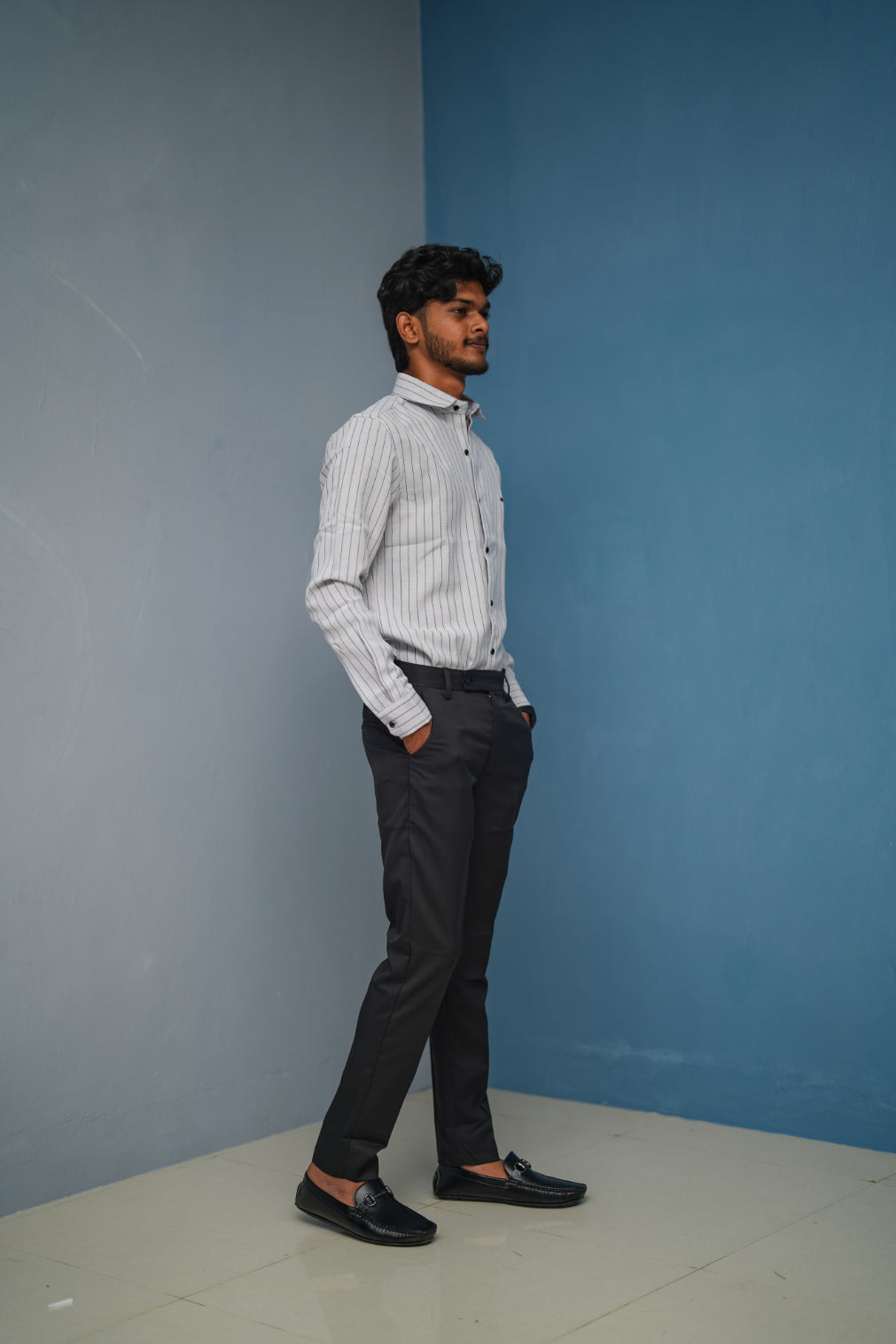 SMALL Stripes Full Sleeve Shirt and Polo fit Pant Combo Offer for Men - Ash