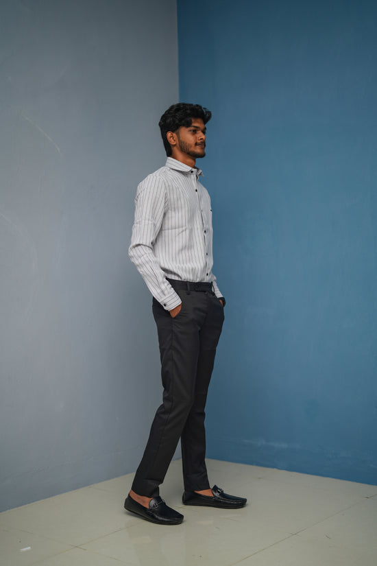 SMALL Stripes Full Sleeve Shirt and Polo fit Pant Combo Offer for Men - Ash