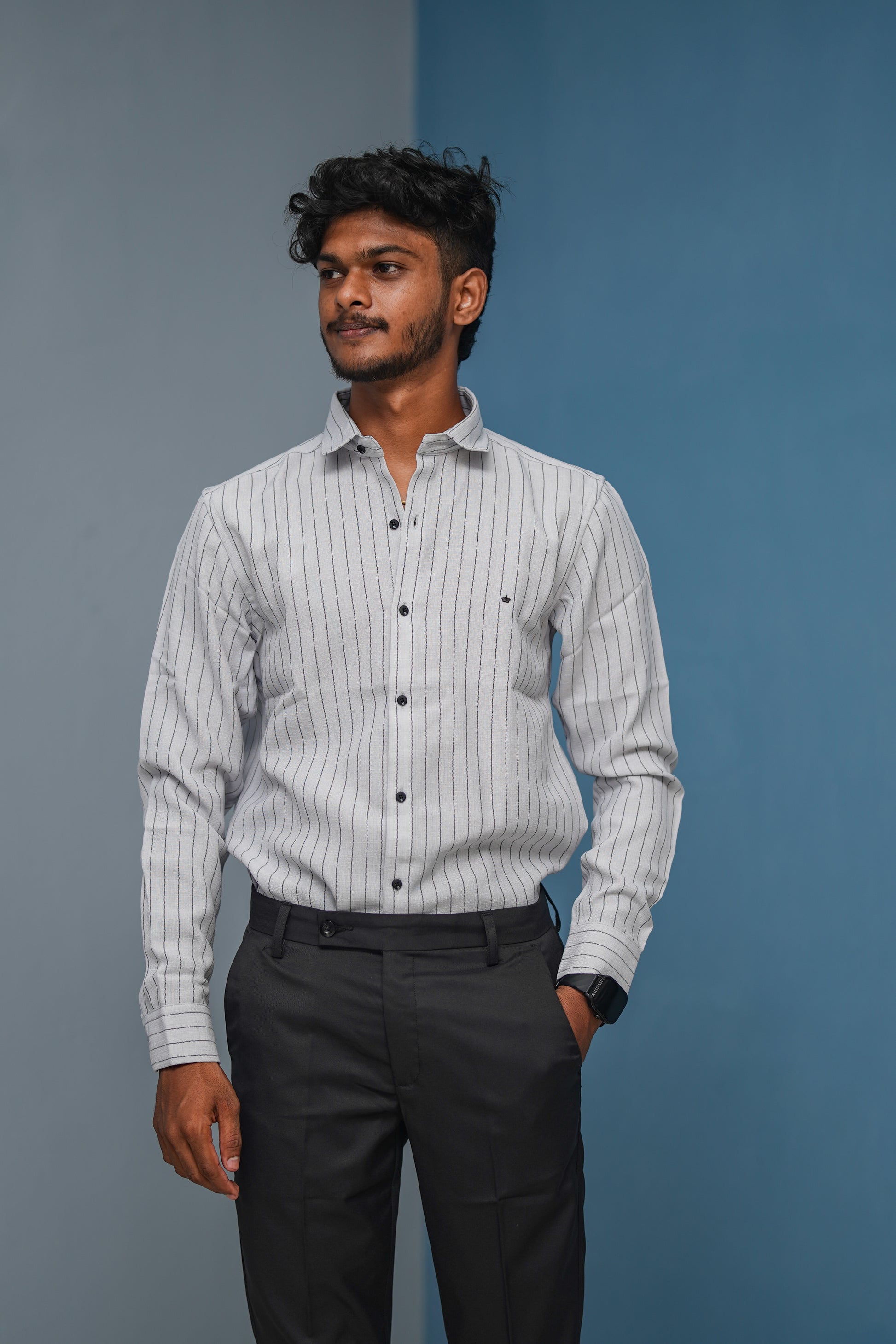 SMALL Stripes Full Sleeve Shirt and Polo fit Pant Combo Offer for Men - Ash