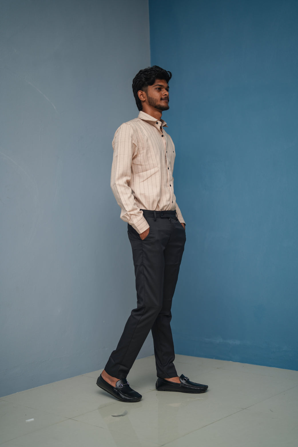 BIG Stripes Full Sleeve Shirt and Polo fit Pant Combo Offer for Men - Peach shade