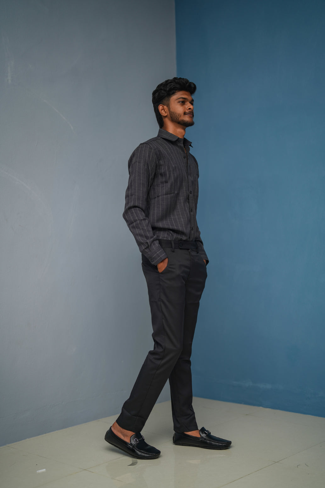 SMALL Stripes Full Sleeve Shirt and Polo fit Pant Combo Offer for Men - Dark Grey