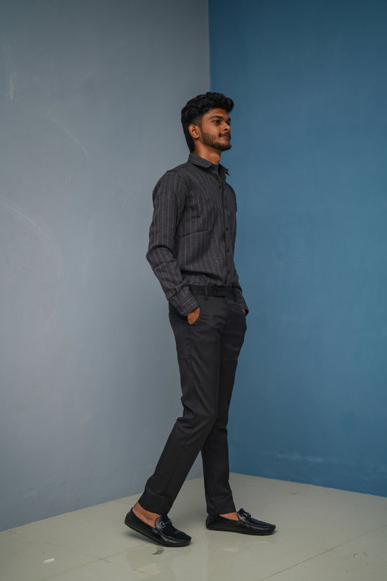 SMALL Stripes Full Sleeve Shirt and Polo fit Pant Combo Offer for Men - Dark Grey