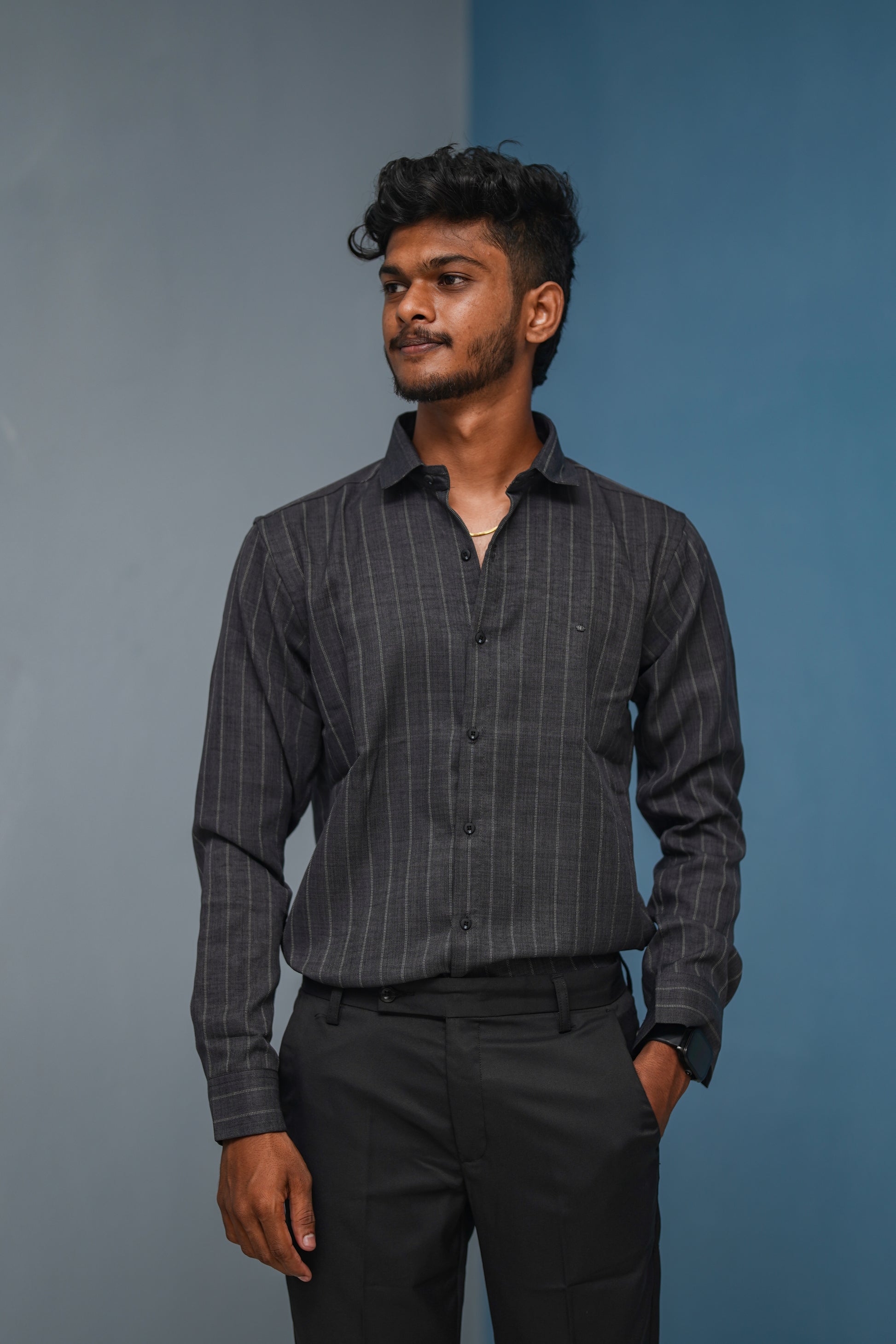 SMALL Stripes Full Sleeve Shirt and Polo fit Pant Combo Offer for Men - Dark Grey