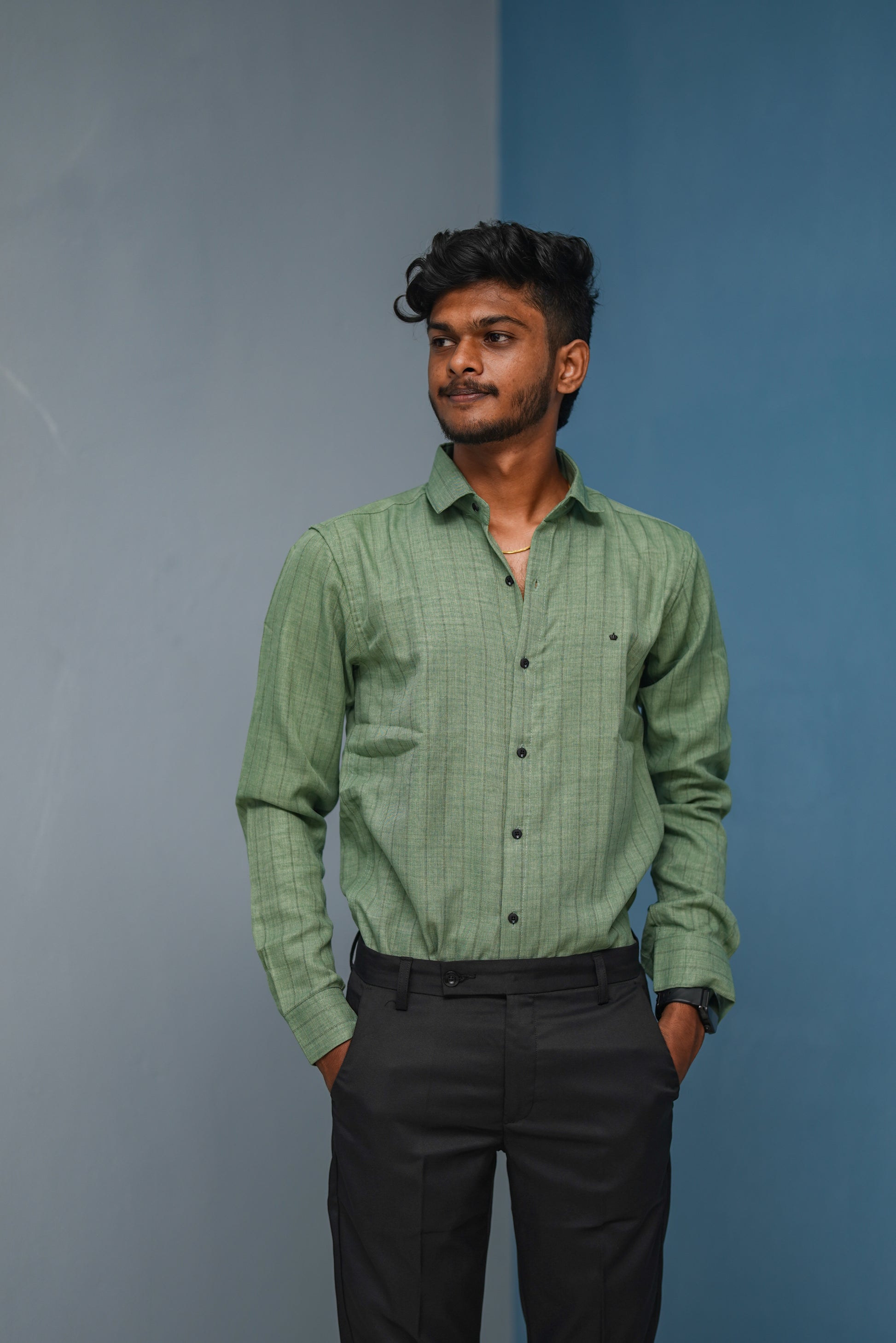 BIG Stripes Full Sleeve Shirt and Polo fit Pant Combo Offer for Men - Pistha Green