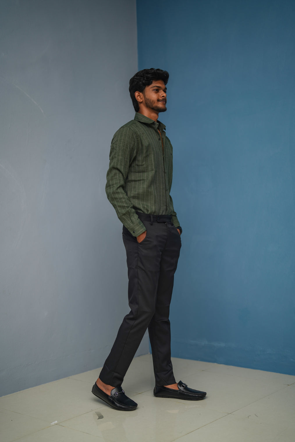 BIG Stripes Full Sleeve Shirt and Polo fit Pant Combo Offer for Men - Mehandi Green