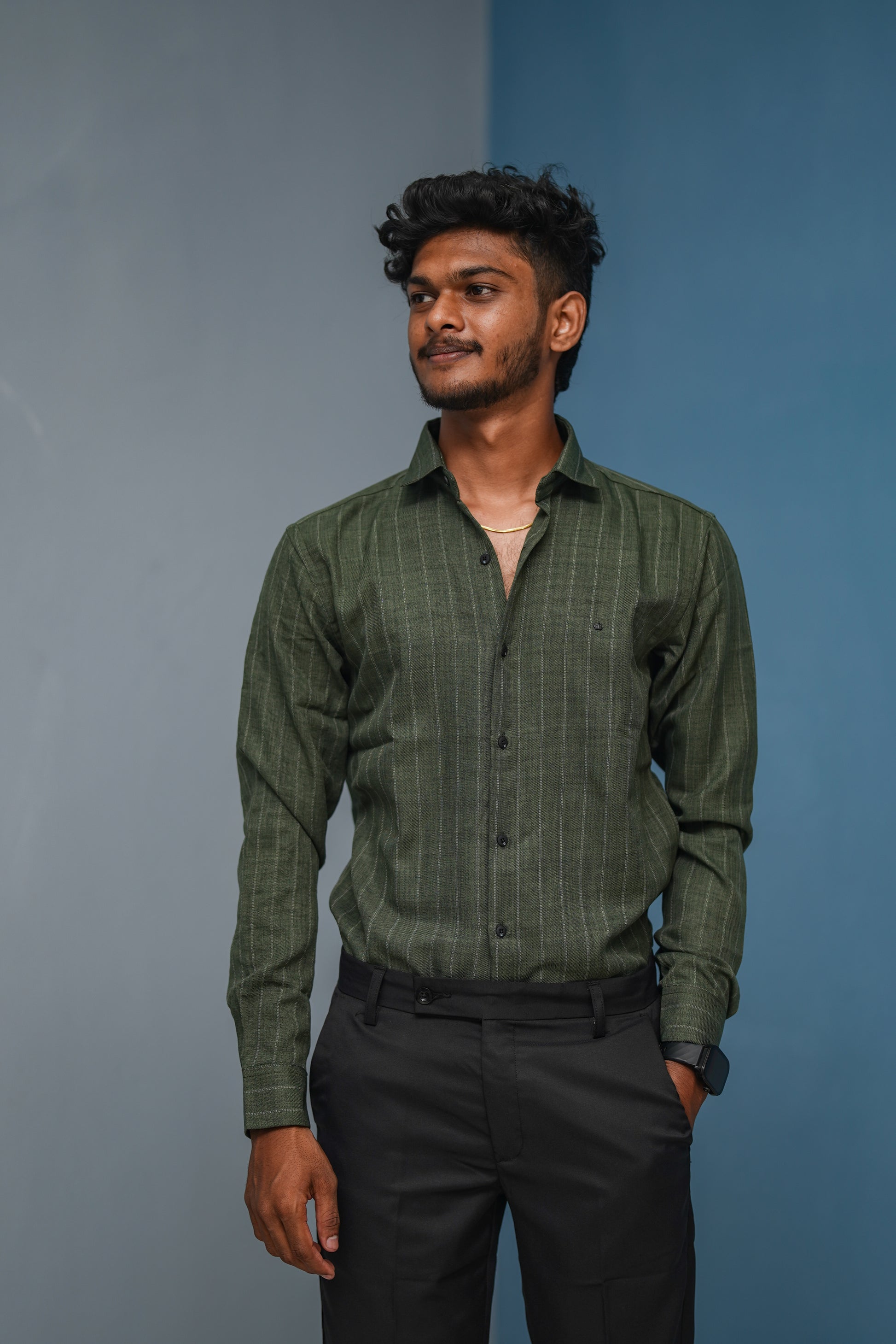 BIG Stripes Full Sleeve Shirt and Polo fit Pant Combo Offer for Men - Mehandi Green