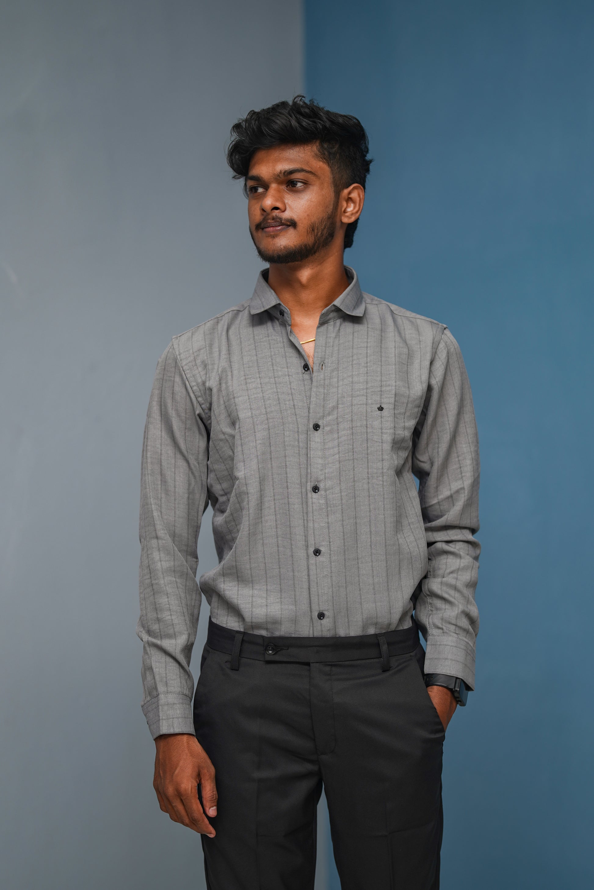 BIG Stripes Full Sleeve Shirt and Polo fit Pant Combo Offer for Men - Ash