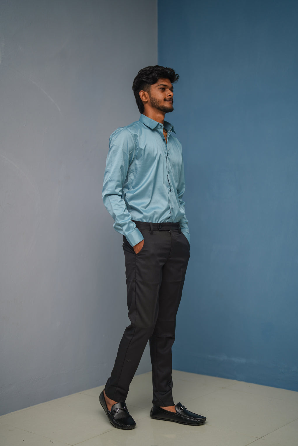 Clubwear Full sleeve Shirt and Polo fit Pant Combo Offer for Men - Light Blue & Black
