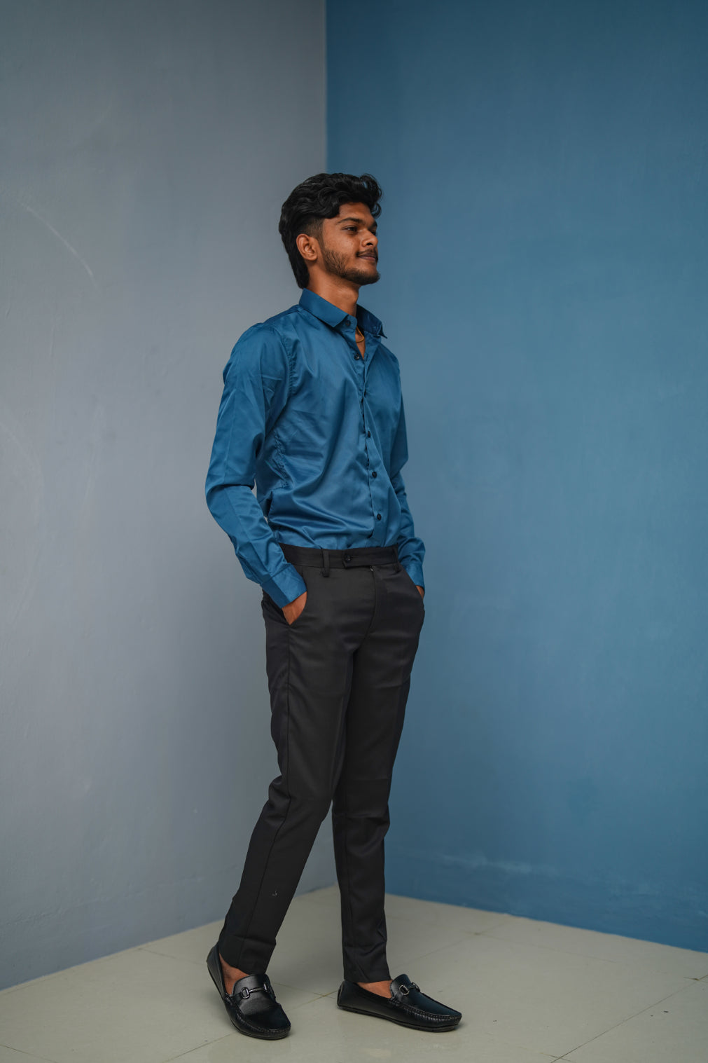 Clubwear Full sleeve Shirt and Polo fit Pant Combo Offer for Men - Petrol Blue & Black