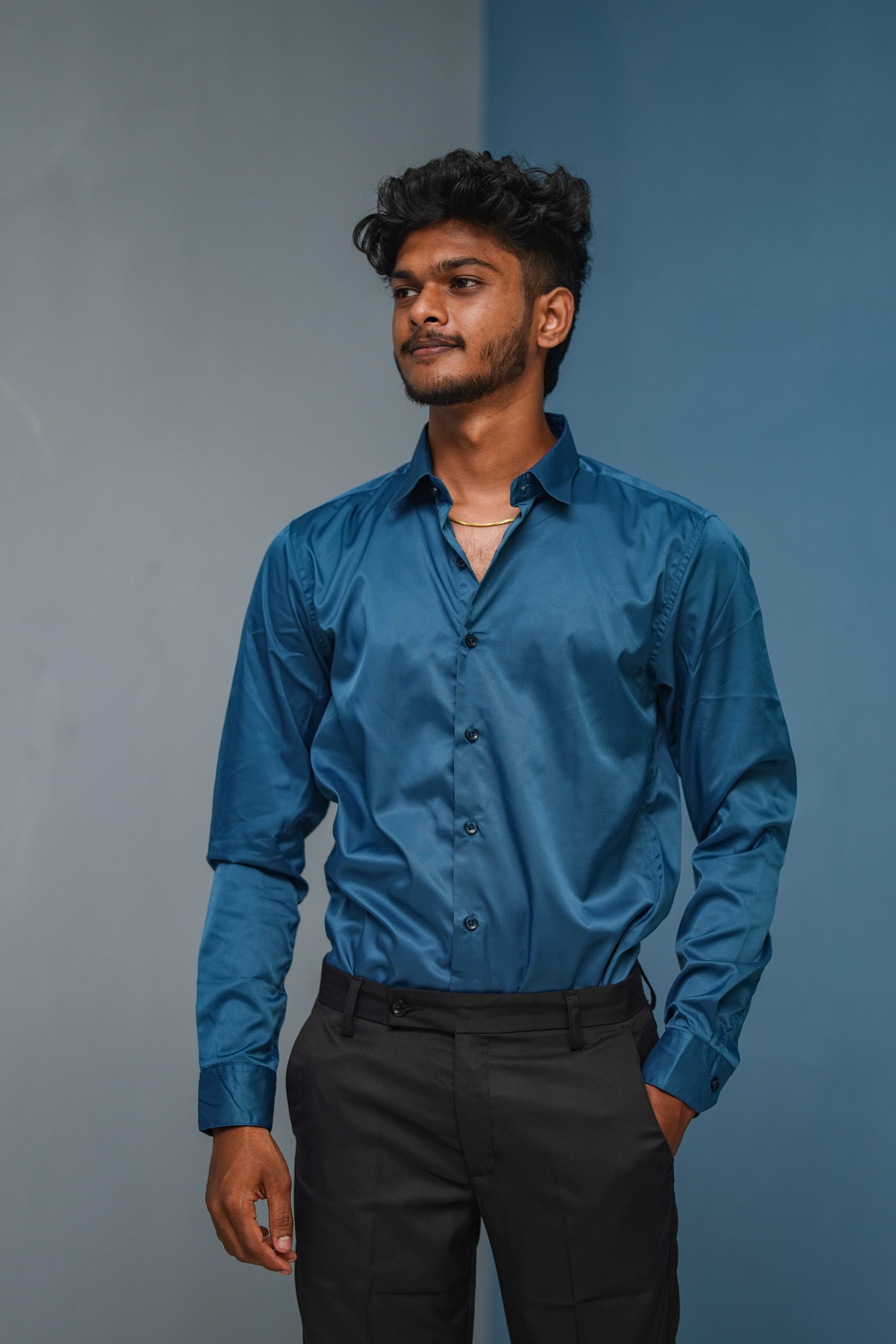 Clubwear Full sleeve Shirt and Polo fit Pant Combo Offer for Men - Petrol Blue & Black
