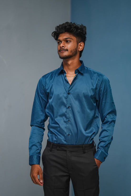 Clubwear Full sleeve Shirt and Polo fit Pant Combo Offer for Men - Petrol Blue & Black