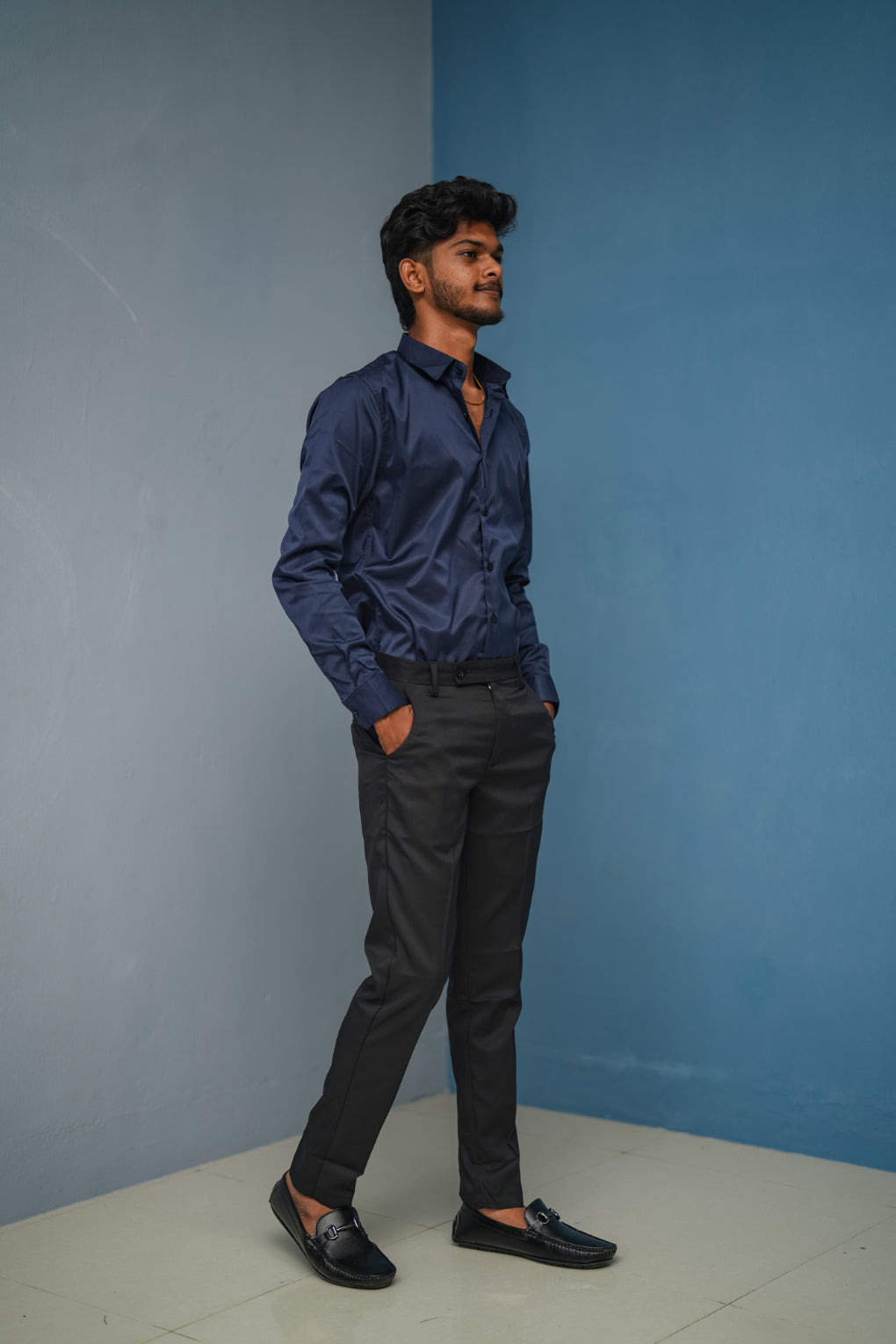 Clubwear Full sleeve Shirt and Polo fit Pant Combo Offer for Men - Navy Blue & Black