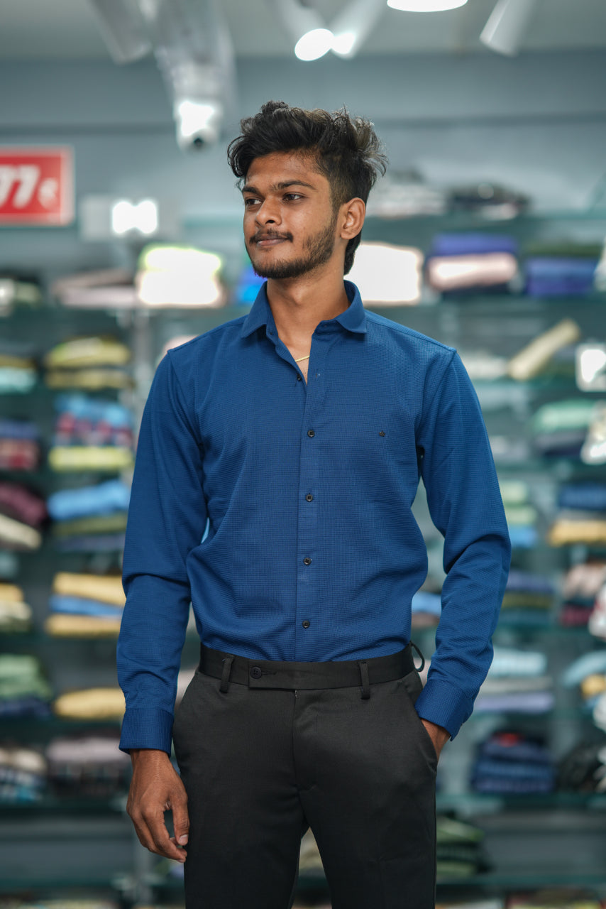 Waffle Full Sleeve Shirt and Polo fit Pant Combo Offer for Men - Petrol Blue