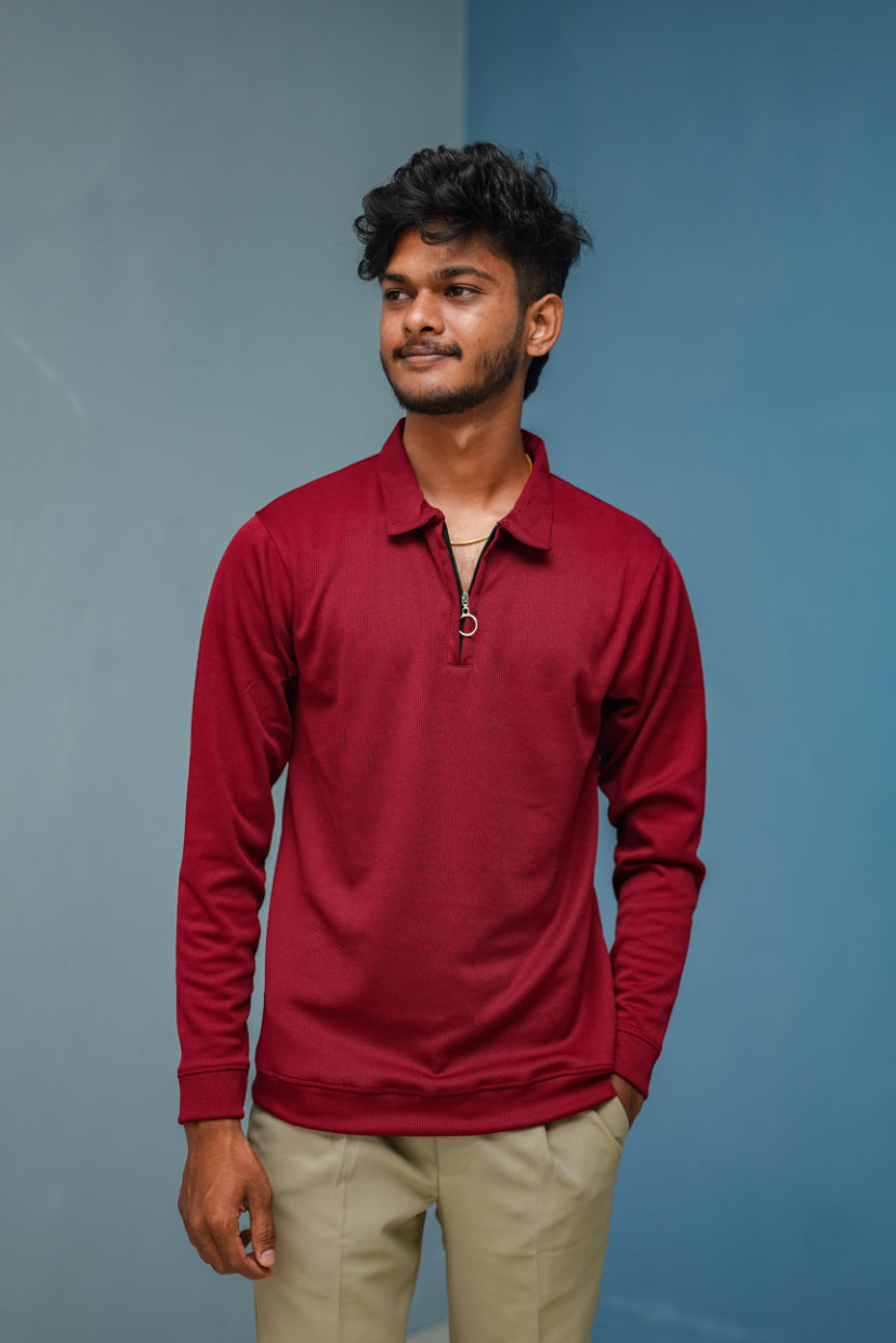 Textured Old Money Full Sleeve Collar Neck Korean Zipper Tshirt - Maroon