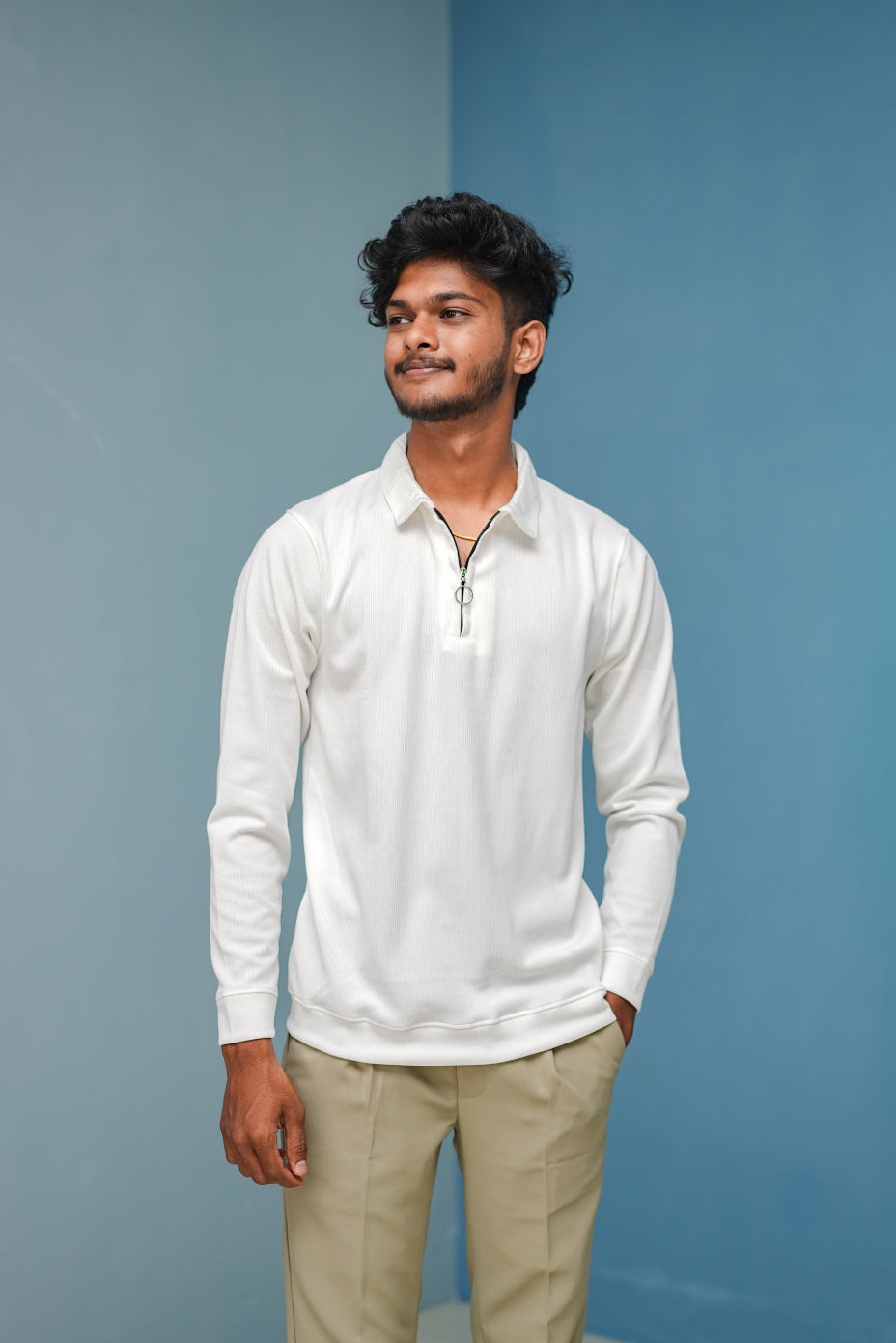 Textured Old Money Full Sleeve Collar Neck Korean Zipper Tshirt - White