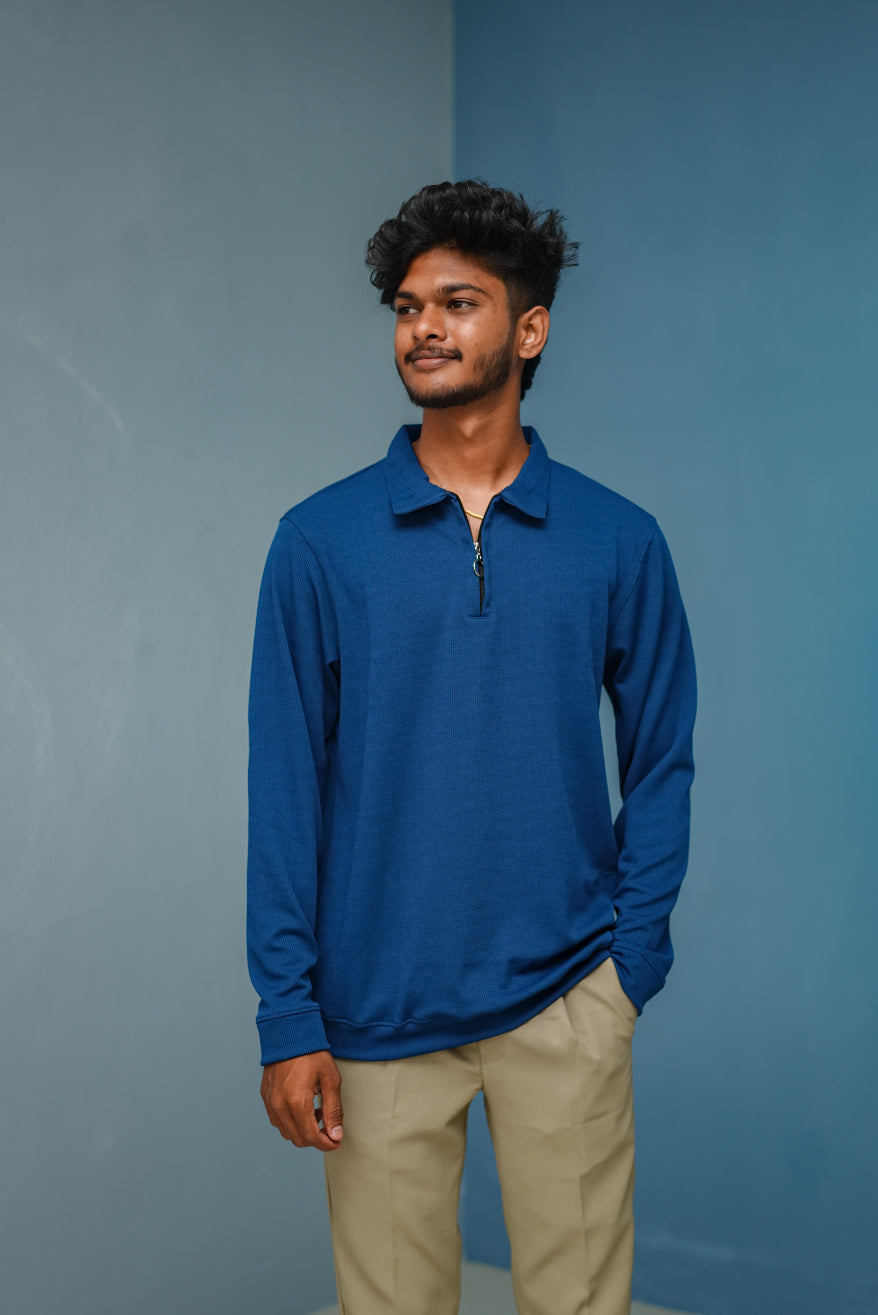 Textured Old Money Full Sleeve Collar Neck Korean Zipper Tshirt - Petrol blue