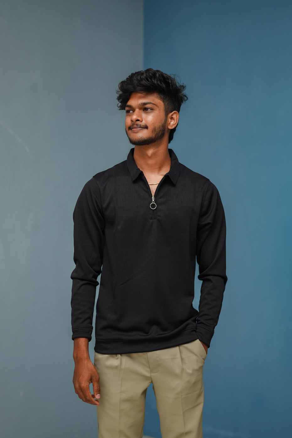 Textured Old Money Full Sleeve Collar Neck Korean Zipper Tshirt - Black