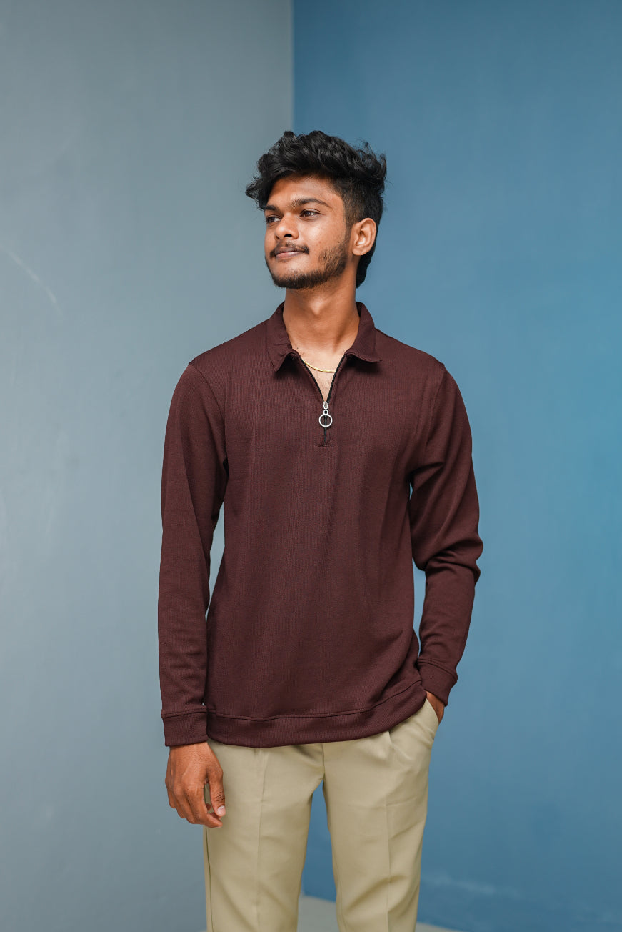 Textured Old Money Full Sleeve Collar Neck Korean Zipper Tshirt - Chocolate Brown