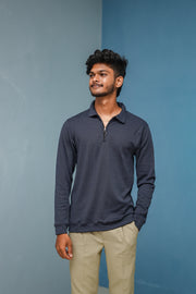 Textured Old Money Full Sleeve Collar Neck Korean Zipper Tshirt - dark grey-T-Shirt-7 Man