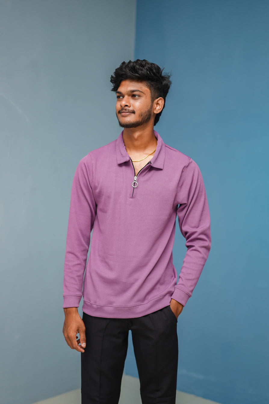 Textured Old Money Full Sleeve Collar Neck Korean Zipper Tshirt - Purple