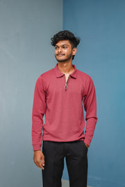 Textured Old Money Full Sleeve Collar Neck Korean Zipper Tshirt - Dark Peach-T-Shirt-7 Man